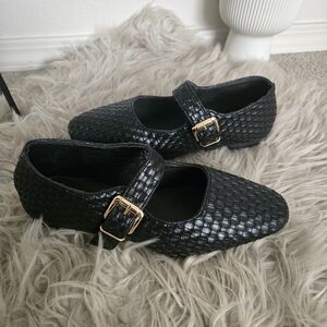 Chic Black Woven Flats with Gold Buckle